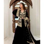 Generic Women's Georgette Embroidery 3-4th Sleeve V-Neck Kurti, Palazzo And Dupatta Set (Black)