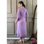 Generic Women's Roman Silk Embroidery 3-4th Sleeve V-Neck Kurti With Pant Dupatta Set (Lavender) - Image 3