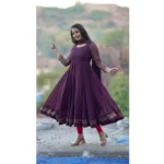 Wine Georgette Embroidery Kurti Set for Women
