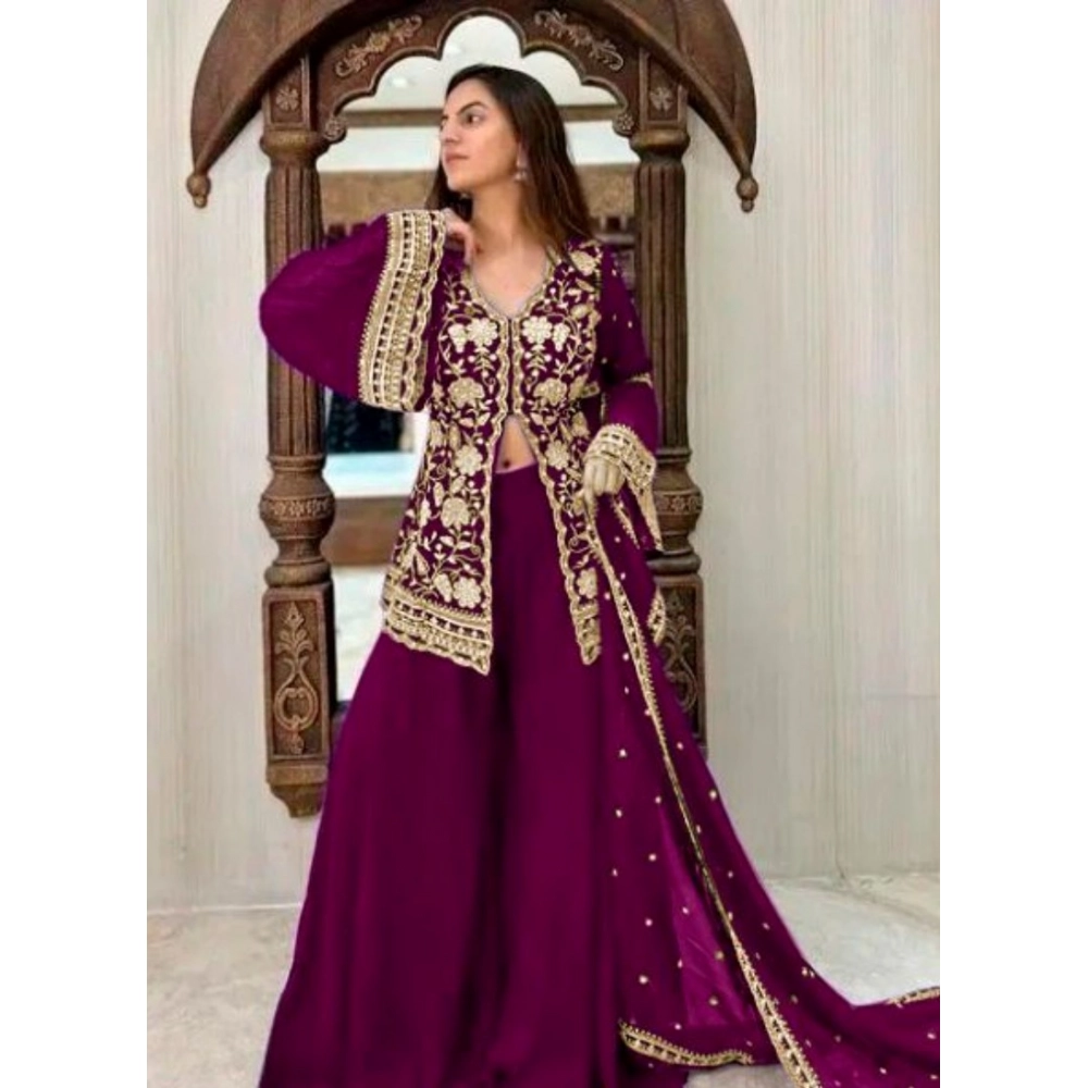 Wine Georgette Embroidery Palazzo Set for Women