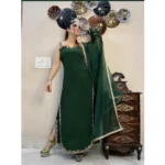Generic Women's Georgette Embroidery Sleeveless Round Neck Kurti, Palazzo And Dupatta Set (Green)