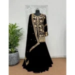 Generic Women's Georgette Embroidery 3-4th Sleeve V-Neck Kurti, Palazzo And Dupatta Set (Black) - Image 3
