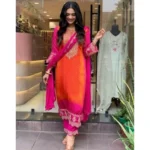 Generic Women's Roman Silk Embroidery 3-4th Sleeve Round Neck Kurti, Palazzo And Dupatta Set (Orange-Pink) - Image 3