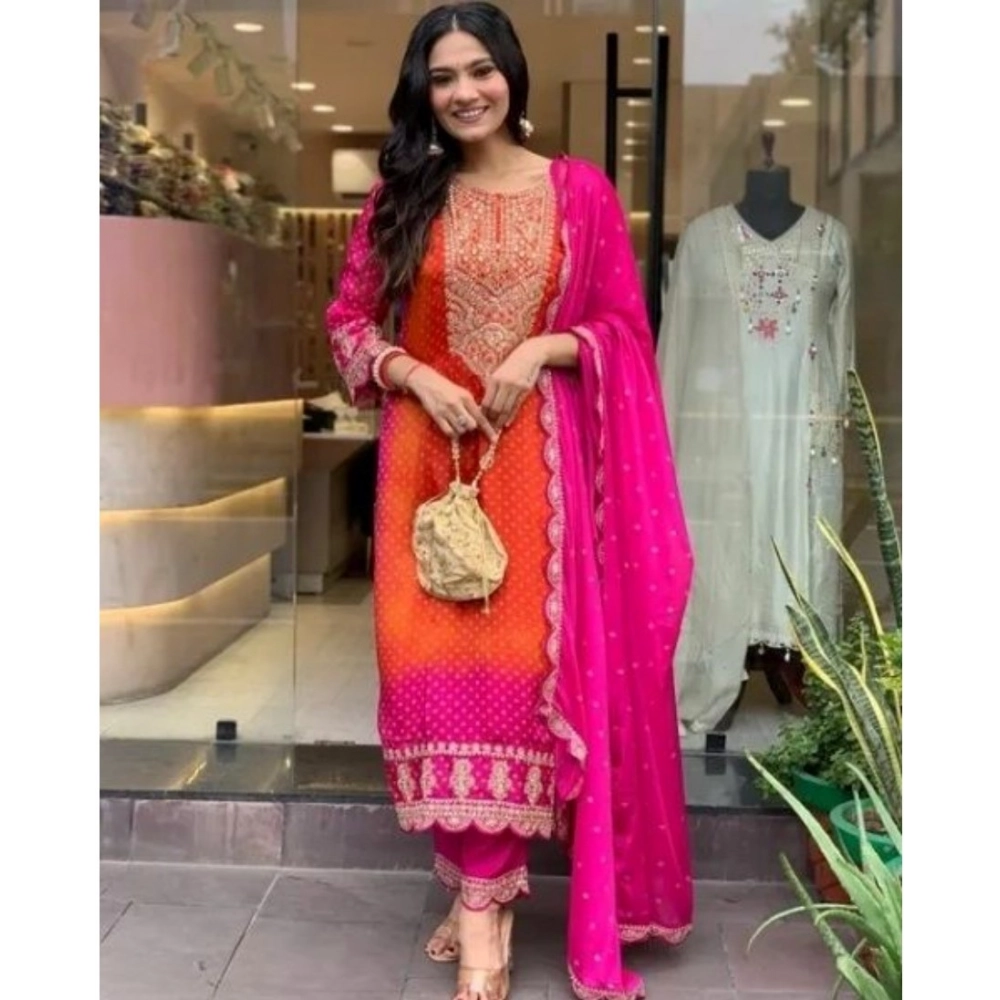54592708675_5dc5bb244d_o-1000x1000-1.webp Generic Women's Roman Silk Embroidery 3-4th Sleeve Round Neck Kurti, Palazzo And Dupatta Set (Orange-Pink) - Image 1