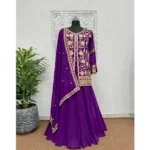 Generic Women's Georgette Embroidery 3-4th Sleeve V-Neck Kurti, Palazzo And Dupatta Set (Purple) - Image 3