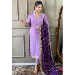 Generic Women's Roman Silk Embroidery 3-4th Sleeve V-Neck Kurti With Pant Dupatta Set (Lavender)