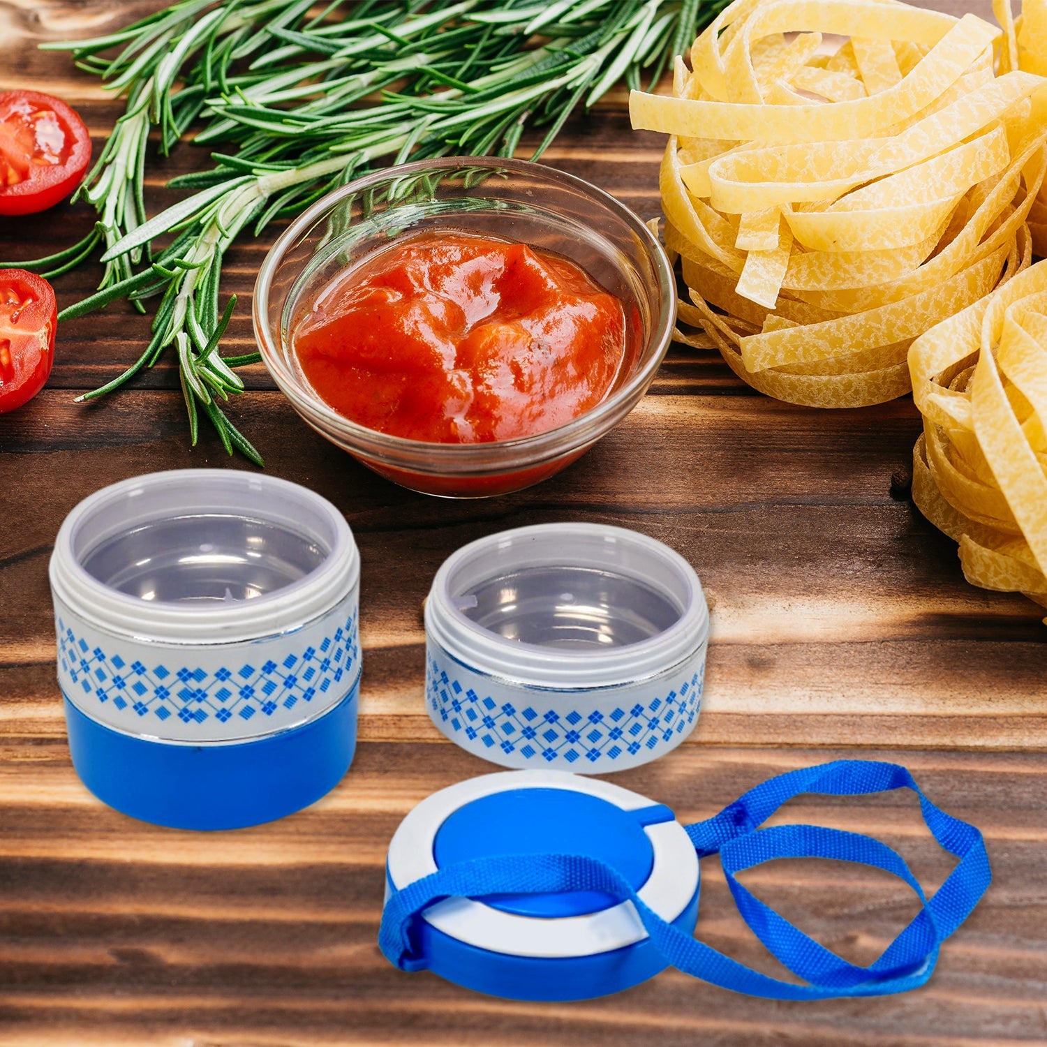 5_29f216e4-c147-456b-bcec-cbb45d88db3b.jpg 3 layer Adjustable Insulated Tiffin Set of 1, Blue 3 Containers Lunch Box - Front View by Nari Haat, Indian ethnic we...