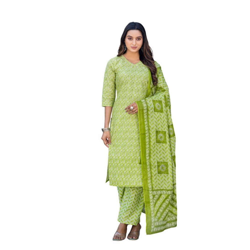 Parrot Green Cotton Blend Printed Kurti Set