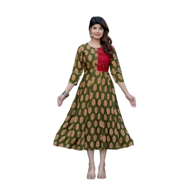 Dark Green Rayon A-Line Embroidery Kurti for Women