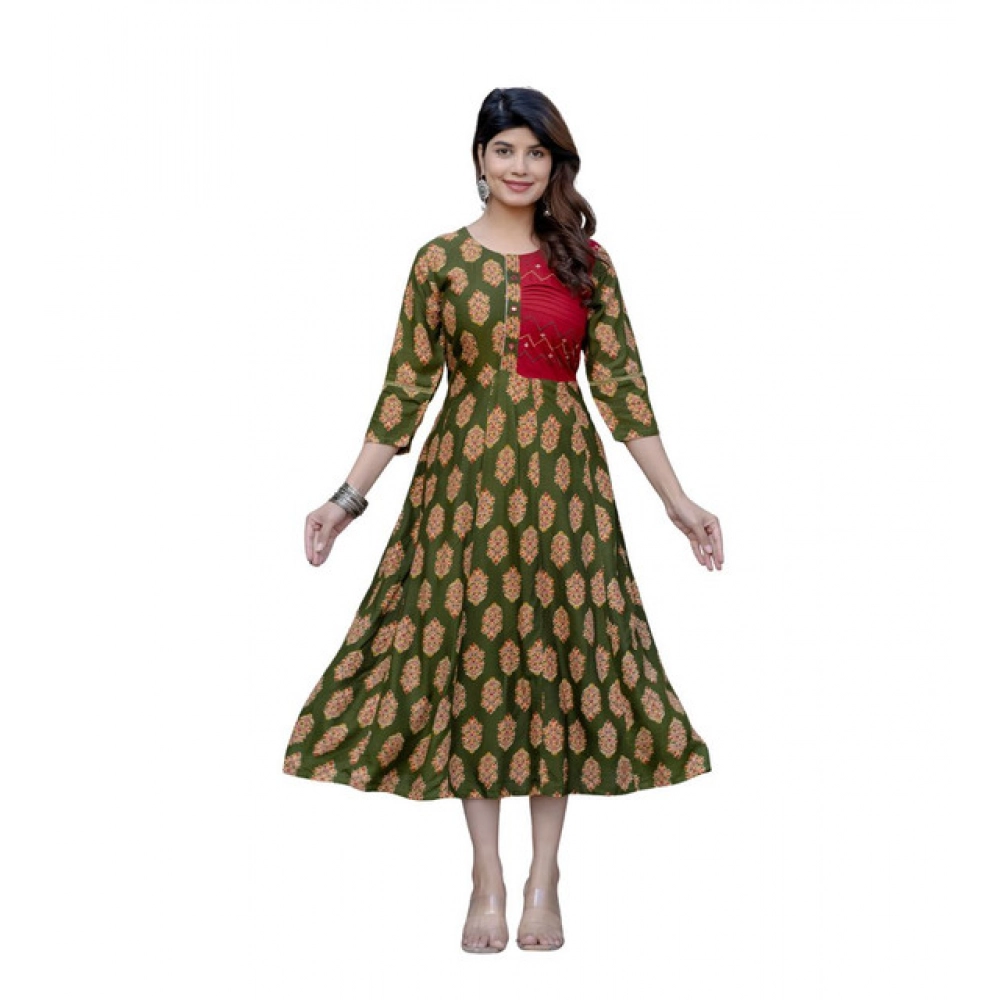 Dark Green Rayon A-Line Embroidery Kurti for Women