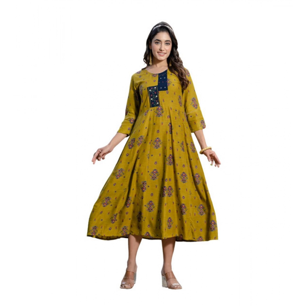 Mehendi Rayon A-Line Embroidery Kurti for Women