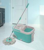 Spin mop with wheels and auto-fold handle
