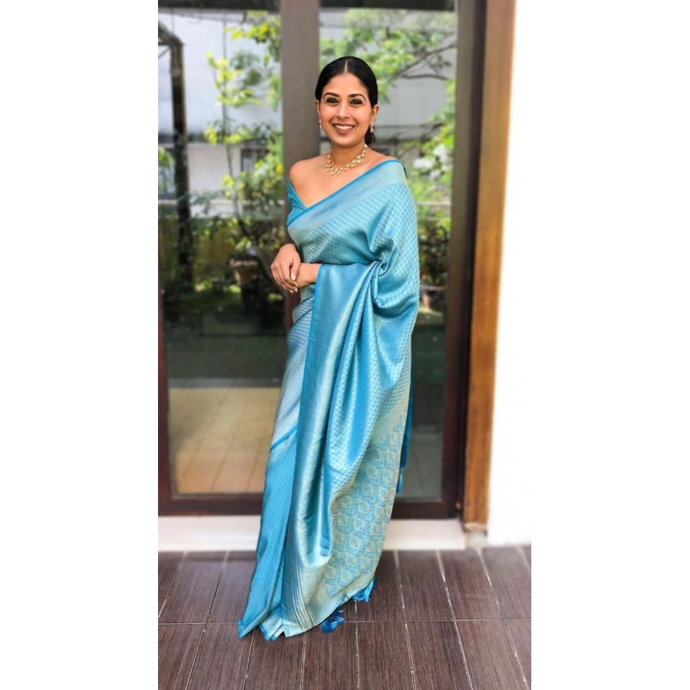 Sky Blue Litchi Silk Printed Saree for Women