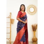 Generic Women's Litchi silk Printed Saree With Unstitched Blouse (Blue) - Image 3