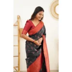Generic Women's Litchi silk Printed Saree With Unstitched Blouse (Grey) - Image 3