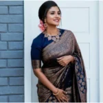 Generic Blue Litchi Silk Printed Saree with Unstitched Blouse