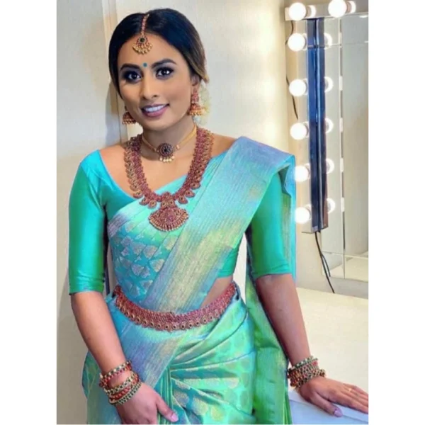 Generic Green Litchi Silk Printed Saree with Unstitched Blouse