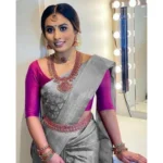 Generic Grey Litchi Silk Printed Saree with Unstitched Blouse