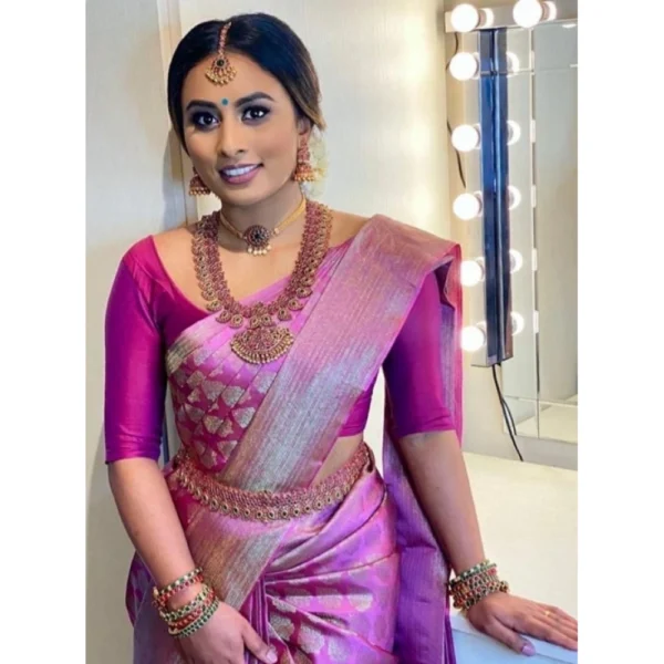 Generic Pink Litchi Silk Printed Saree with Unstitched Blouse