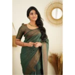 Generic Women's Litchi silk Printed Saree With Unstitched Blouse (Green) - Image 2