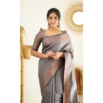 Grey Litchi Silk Printed Saree for Women