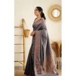 Generic Women's Litchi silk Printed Saree With Unstitched Blouse (Grey) - Image 4