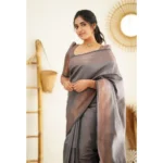 Generic Women's Litchi silk Printed Saree With Unstitched Blouse (Grey) - Image 3