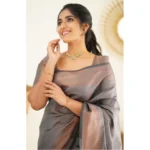 Generic Women's Litchi silk Printed Saree With Unstitched Blouse (Grey) - Image 2