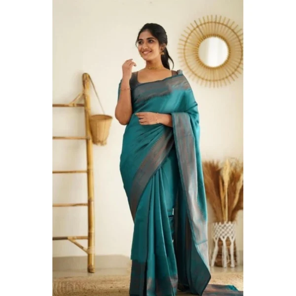 Rama Blue Litchi Silk Printed Saree with Unstitched Blouse