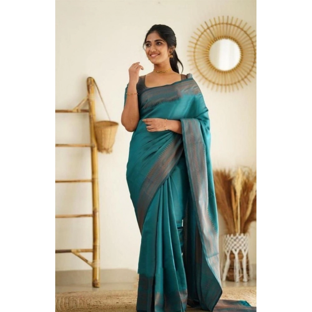 BSB233-SASYYYH-4068-RAMA-Main-1000x1000-1.webp Rama Blue Litchi Silk Printed Saree with Unstitched Blouse