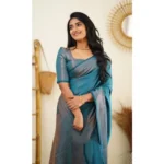 Generic Women's Litchi silk Printed Saree With Unstitched Blouse (Rama Blue) - Image 4