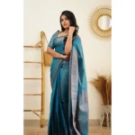 Generic Women's Litchi silk Printed Saree With Unstitched Blouse (Rama Blue) - Image 3