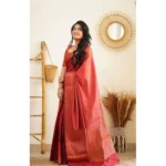 Red Litchi Silk Printed Saree with Unstitched Blouse