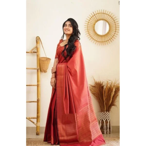 Red Litchi Silk Printed Saree with Unstitched Blouse