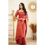 Generic Women's Litchi silk Printed Saree With Unstitched Blouse (Red) - Image 3
