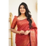 Generic Women's Litchi silk Printed Saree With Unstitched Blouse (Red) - Image 2