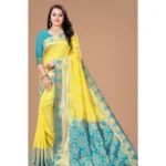 Yellow Litchi Silk Printed Saree with Unstitched Blouse