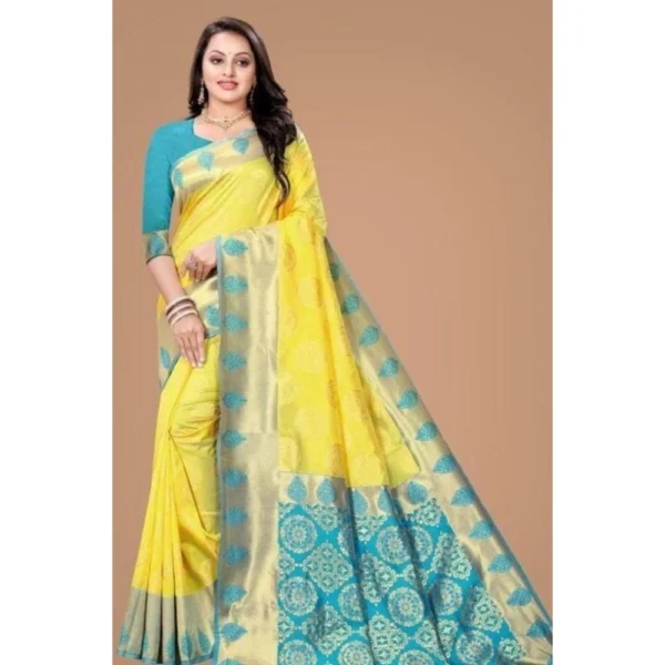 Yellow Litchi Silk Printed Saree with Unstitched Blouse