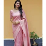 Light Pink Litchi Silk Printed Saree with Unstitched Blouse