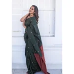 Generic Women's Litchi silk Printed Saree With Unstitched Blouse (Dark Green) - Image 3