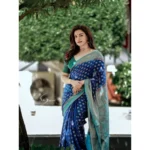 Navy Blue Litchi Silk Printed Saree for Women