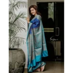 Generic Women's Litchi silk Printed Saree With Unstitched Blouse (Navy Blue) - Image 2