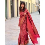 Red Litchi Silk Printed Saree with Unstitched Blouse