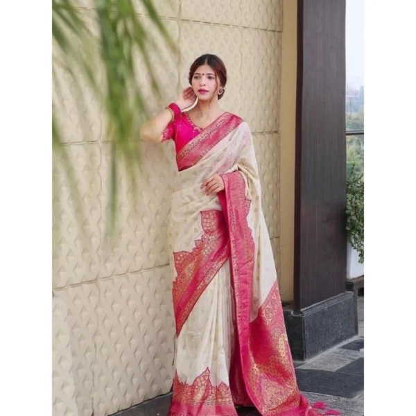 Half White Litchi Silk Printed Saree with Unstitched Blouse