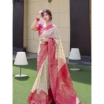 Generic Women's Litchi silk Printed Saree With Unstitched Blouse (Half White) - Image 3