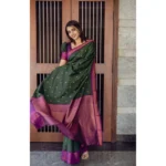 Generic Women's Litchi silk Printed Saree With Unstitched Blouse (Dark Green) - Image 3