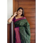Generic Women's Litchi silk Printed Saree With Unstitched Blouse (Dark Green) - Image 2