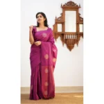 Generic Women's Litchi silk Printed Saree With Unstitched Blouse (Dark Pink) - Image 2
