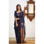 Generic Women's Litchi silk Printed Saree With Unstitched Blouse (Dark Blue) - Image 3