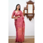 Generic Women's Litchi silk Printed Saree With Unstitched Blouse (Peach) - Image 2